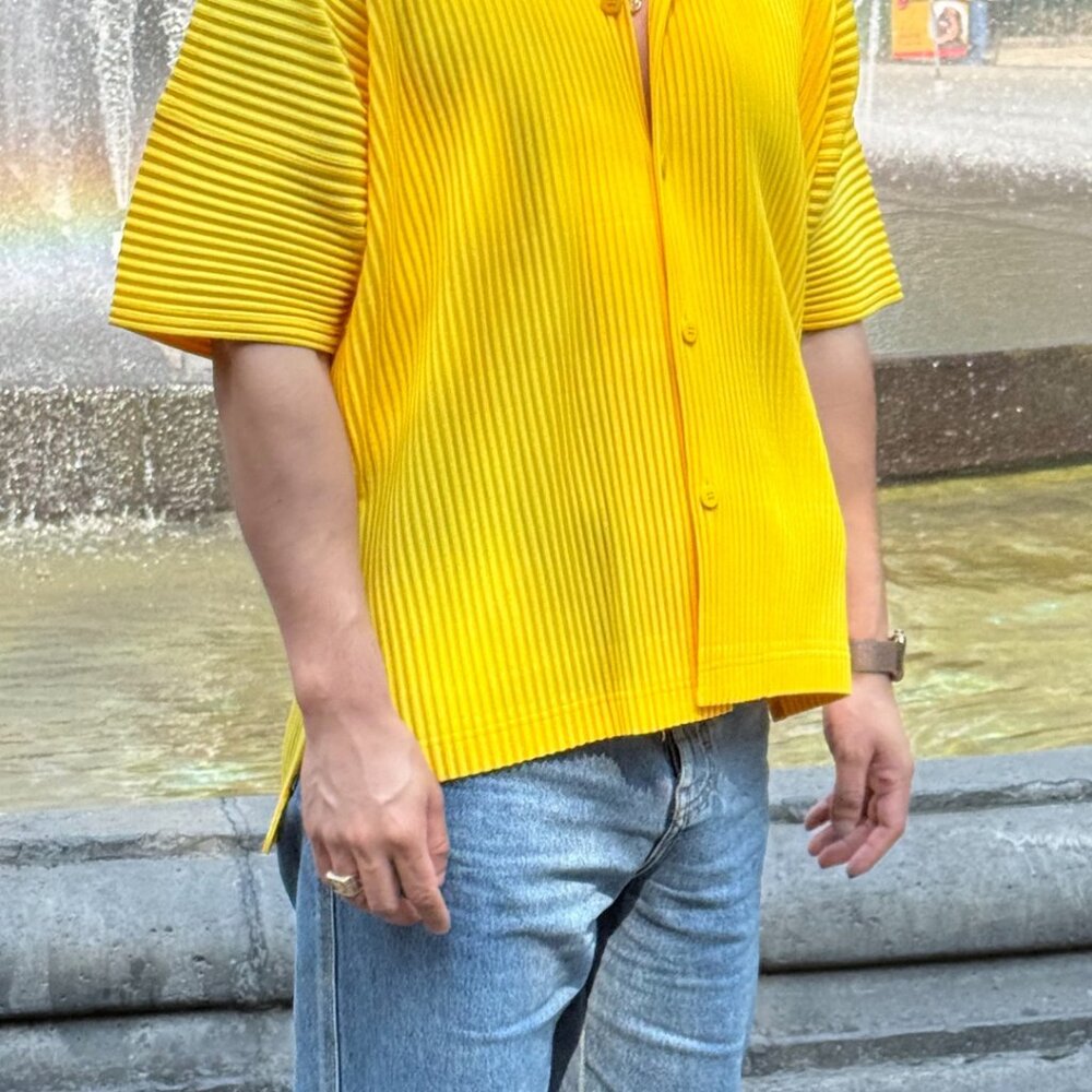 ISSEY MIYAKE Size 4 Men's Vibrant Yellow Striped Short Sleeve Button Down Shirt